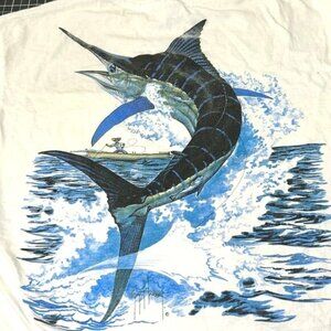 Guy Harvey Marlin Graphic T-Shirt XL Hanes Beefy-T 100% Cotton White Blue